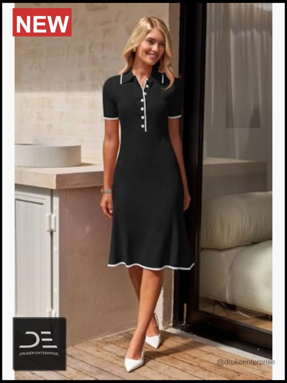 Ribbed Knit Midi Dress Short Sleeve V Neck Button Bodycon - Picture 5 of 7